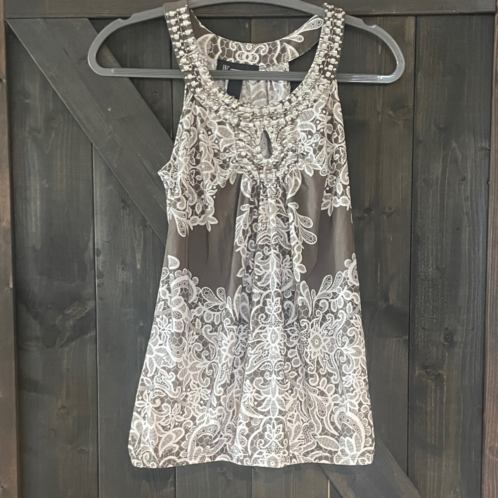White House Black Market Gray and White Embellished Blouse